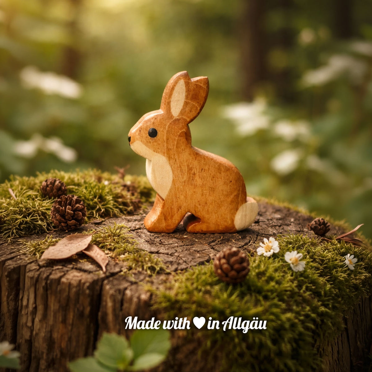 Handgefertigtes Holzspielzeug Feldhase  Baby von Allgäuer Holztiere, auf einem moosbedeckten Baumstumpf im Wald, umgeben von Tannenzapfen und kleinen weißen Blumen sitzend, im Hintergrund unscharfe Natur, aus bayerischem Ahornholz gefertigt, mit pflanzlichen Farben braun und schwarz bemalt, im Allgäu produziert und für Kinder ab 3 Jahren geeignet.