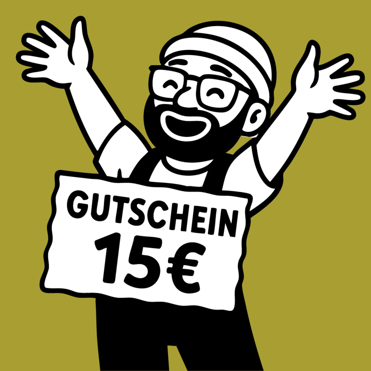 Fröhliche Illustration mit Schild „Gutschein 15 €“ – digitaler Wertgutschein von Allgäuer Holztiere für handgefertigtes Holzspielzeug aus bayerischem Ahornholz, gefertigt im Allgäu.