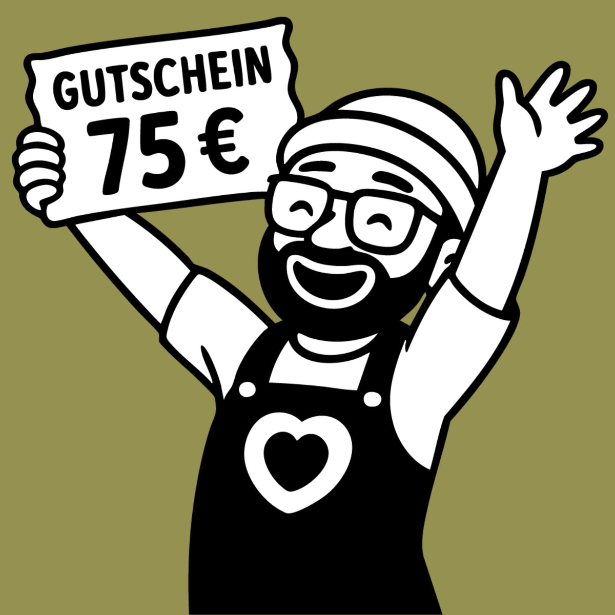 Illustration eines lachenden Mannes mit Schild „Gutschein 75 €“ – digitaler Wertgutschein von Allgäuer Holztiere für handgefertigtes Holzspielzeug aus bayerischem Ahornholz, gefertigt im Allgäu.
